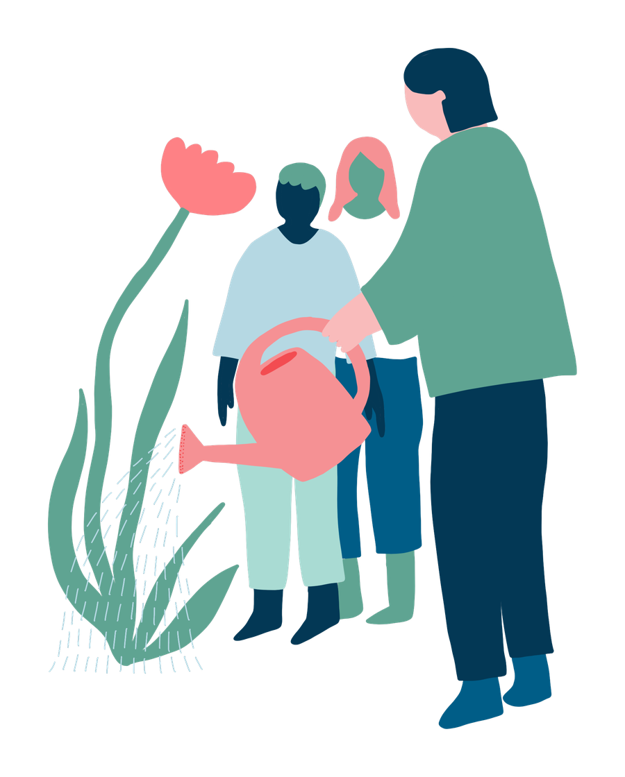 Illustration: Person fördert Jugendliche, giesst eine Pflanze